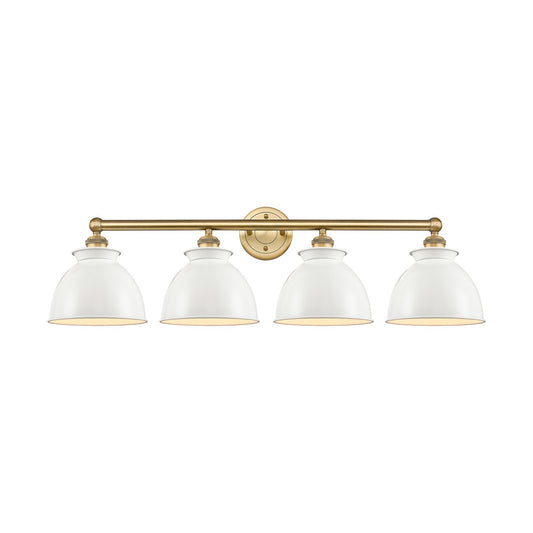 Innovations Adirondack 35in 4-Light Bath Vanity | Industrial Farmhouse Brushed Brass and Glossy White Metal Shade | Bathroom | Model 616-4W-BB-M14-W