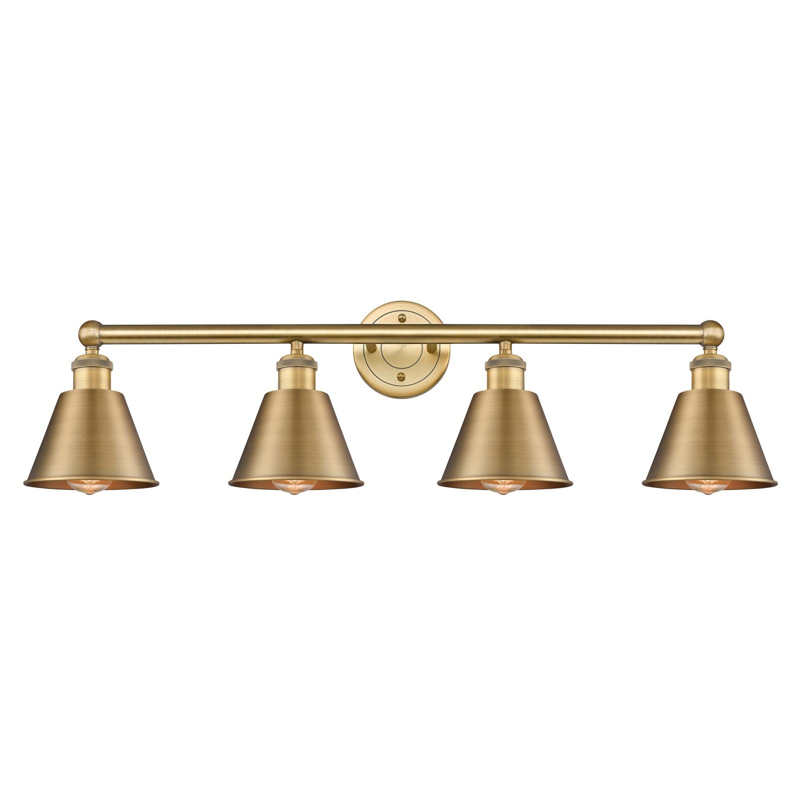 Innovations Smithfield 34in 4-Light Bath Vanity | Industrial Farmhouse Brushed Brass Steel and Metal Shade | Bathroom Vanity Light | Model 616-4W-BB-M8-BB
