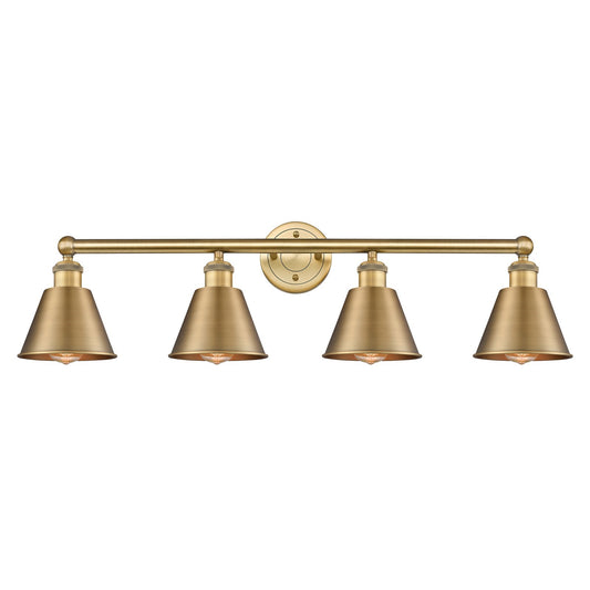 Innovations Smithfield 34in 4-Light Bath Vanity | Industrial Farmhouse Brushed Brass Steel and Metal Shade | Bathroom Vanity Light | Model 616-4W-BB-M8-BB