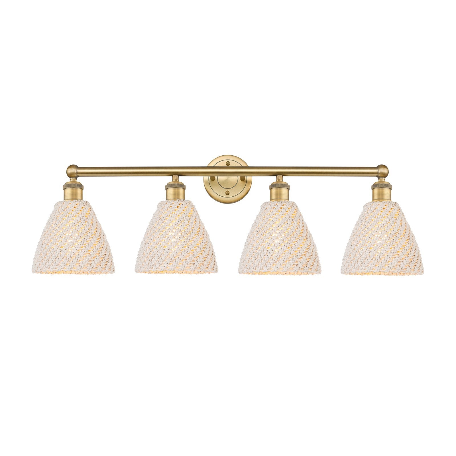 Innovations Bristol Natural 34.5in 4-Light Bath Vanity Light | Industrial Brushed Brass Steel and Natural Fiber Dome Shade | Model 616-4W-BB-NBD-75-NAT