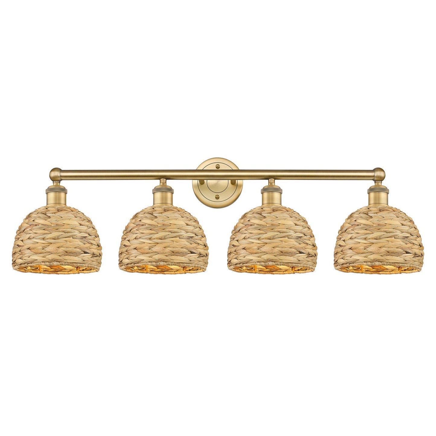 Innovations Woven Rattan 35in 4-Light Bath Vanity Light | Industrial Brushed Brass and Natural Fiber Dome Shade | Bathroom | Model 616-4W-BB-RBD-8-NAT