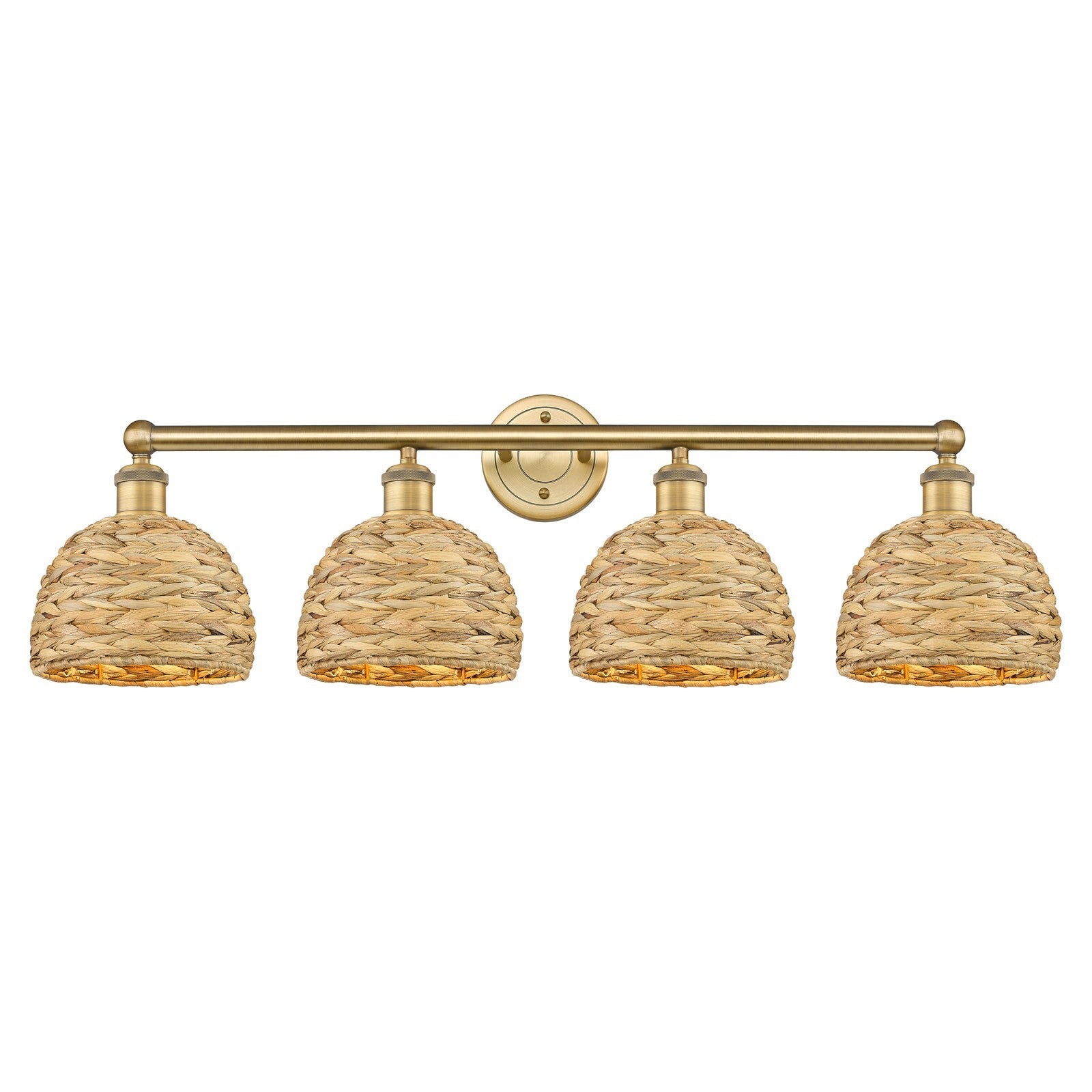 Innovations Woven Rattan 35in 4-Light Bath Vanity Light | Industrial Brushed Brass and Natural Fiber Dome Shade | Bathroom | Model 616-4W-BB-RBD-8-NAT
