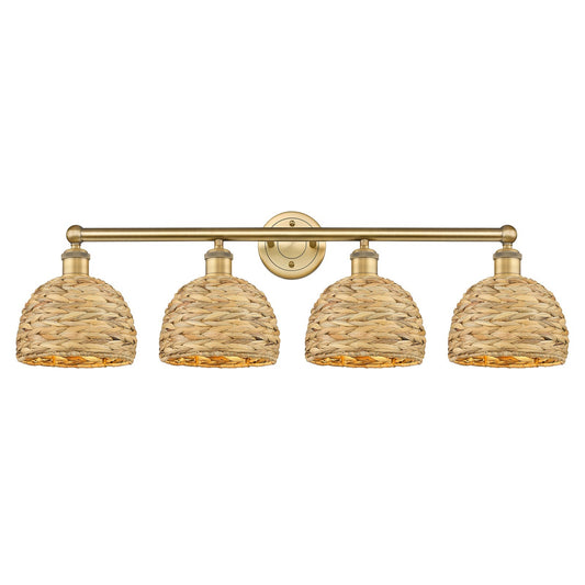 Innovations Woven Rattan 35in 4-Light Bath Vanity Light | Industrial Brushed Brass and Natural Fiber Dome Shade | Bathroom | Model 616-4W-BB-RBD-8-NAT