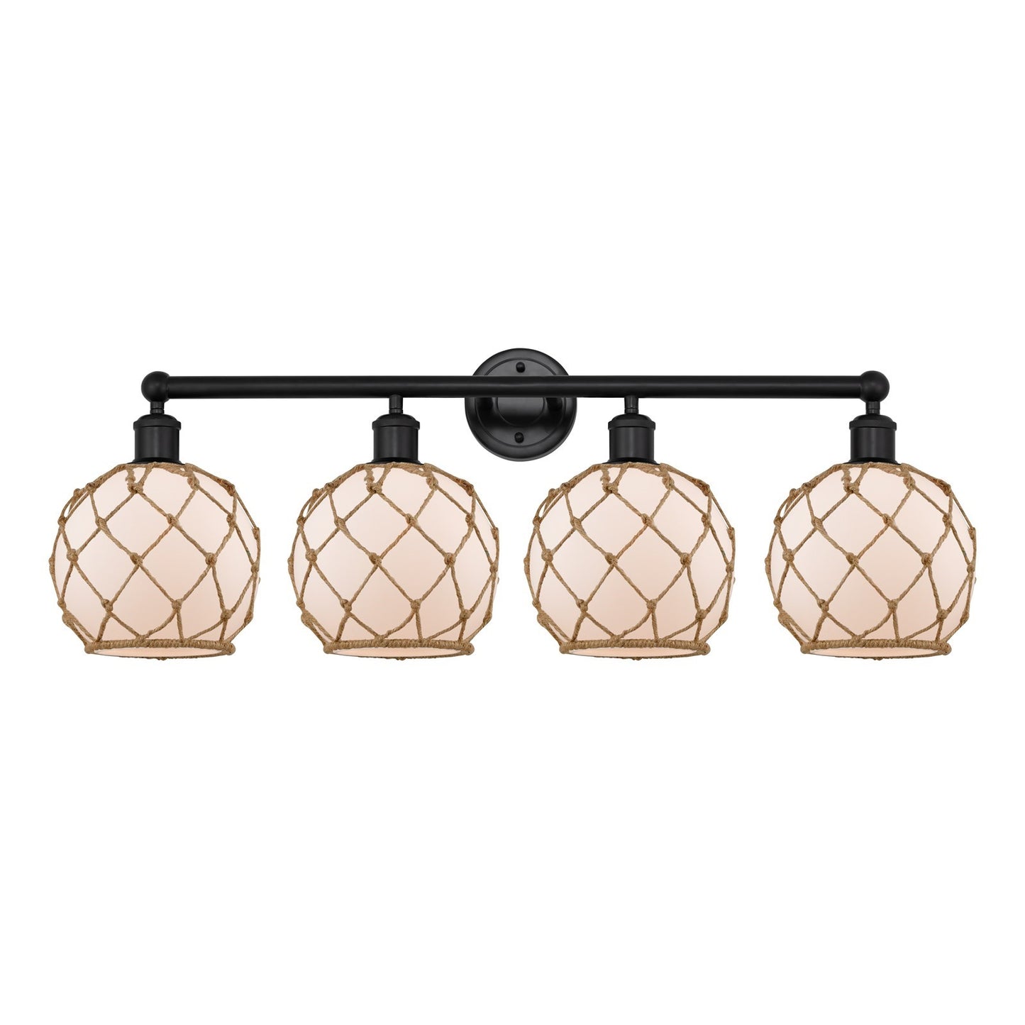 Innovations Farmhouse Rope 35in 4-Light Bath Vanity | Industrial Matte Black Steel and White Frosted Glass with Brown Rope | Model 616-4W-BK-G121-8RB