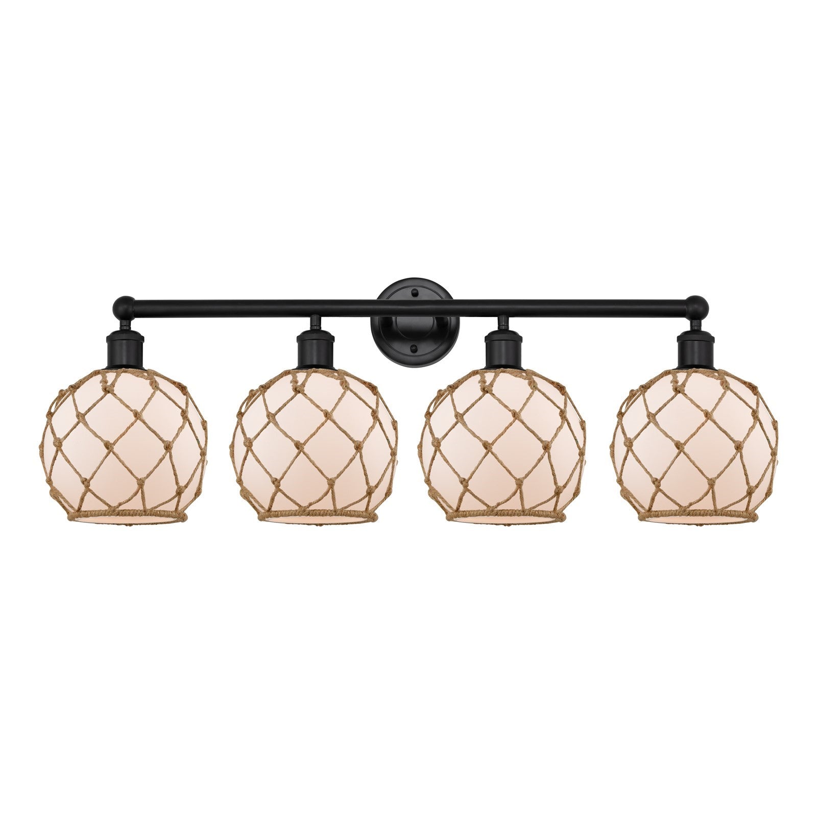 Innovations Farmhouse Rope 35in 4-Light Bath Vanity | Industrial Matte Black Steel and White Frosted Glass with Brown Rope | Model 616-4W-BK-G121-8RB
