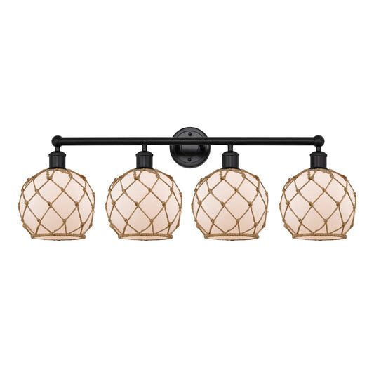 Innovations Farmhouse Rope 35in 4-Light Bath Vanity | Industrial Matte Black Steel and White Frosted Glass with Brown Rope | Model 616-4W-BK-G121-8RB