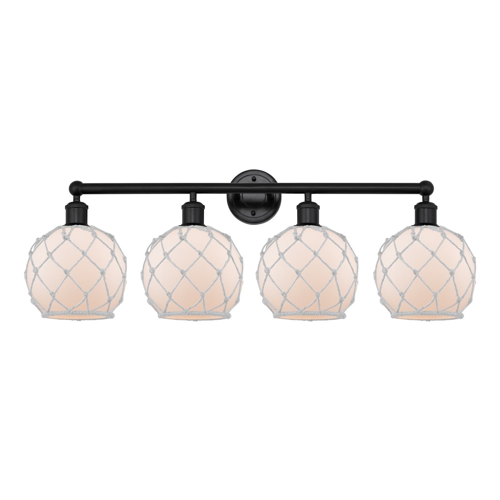 Innovations Farmhouse Rope 35in 4-Light Bath Vanity | Industrial Matte Black Steel and White Frosted Glass with Rope Shade | Model 616-4W-BK-G121-8RW