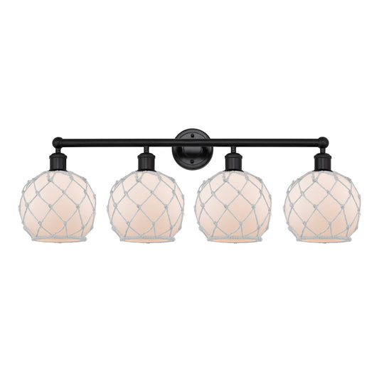 Innovations Farmhouse Rope 35in 4-Light Bath Vanity | Industrial Matte Black Steel and White Frosted Glass with Rope Shade | Model 616-4W-BK-G121-8RW