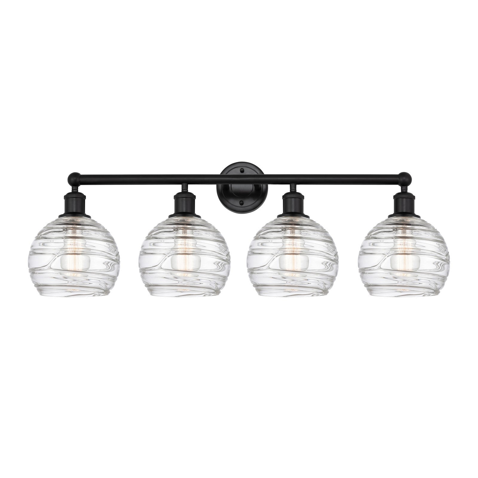 Innovations Athens Deco Swirl 35in 4-Light Bath Vanity | Industrial Matte Black Steel and Clear Deco Swirl Glass | Bathroom | Model 616-4W-BK-G1213-8CL