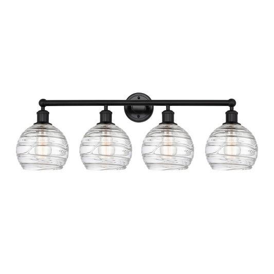 Innovations Athens Deco Swirl 35in 4-Light Bath Vanity | Industrial Matte Black Steel and Clear Deco Swirl Glass | Bathroom | Model 616-4W-BK-G1213-8CL