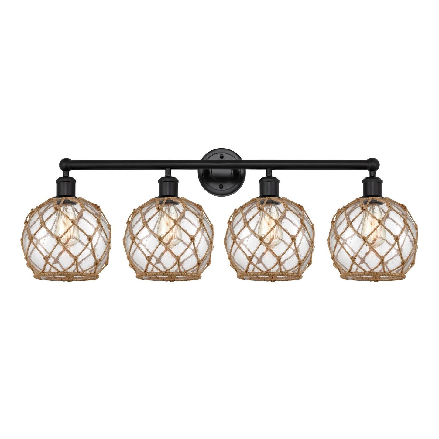 Innovations Farmhouse Rope 35in 4-Light Bath Vanity | Industrial Matte Black Steel and Clear Glass with Brown Rope | Bathroom | Model 616-4W-BK-G122-8RB
