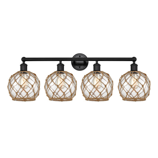 Innovations Farmhouse Rope 35in 4-Light Bath Vanity | Industrial Matte Black Steel and Clear Glass with Brown Rope | Bathroom | Model 616-4W-BK-G122-8RB