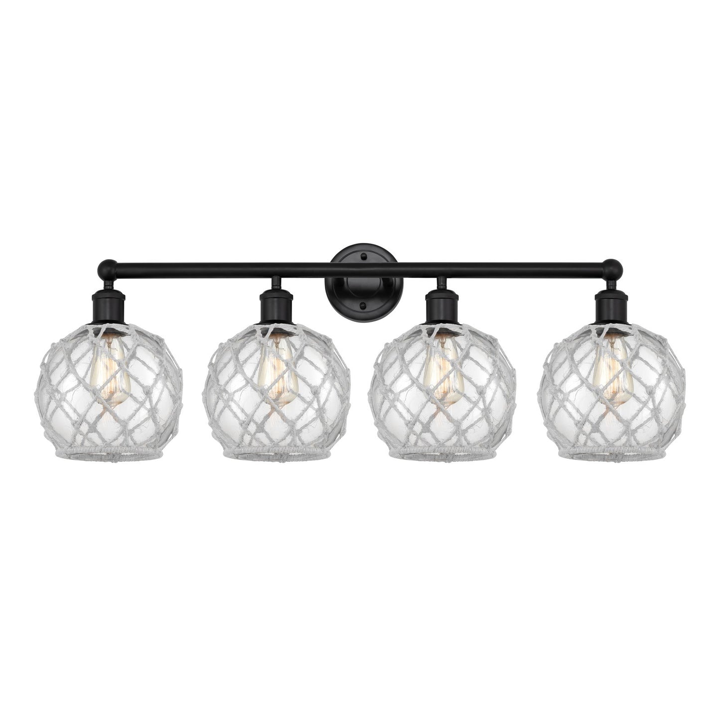 Innovations Farmhouse Rope 35in 4-Light Bath Vanity | Industrial Matte Black Steel and Clear Glass with White Rope | Bathroom | Model 616-4W-BK-G122-8RW