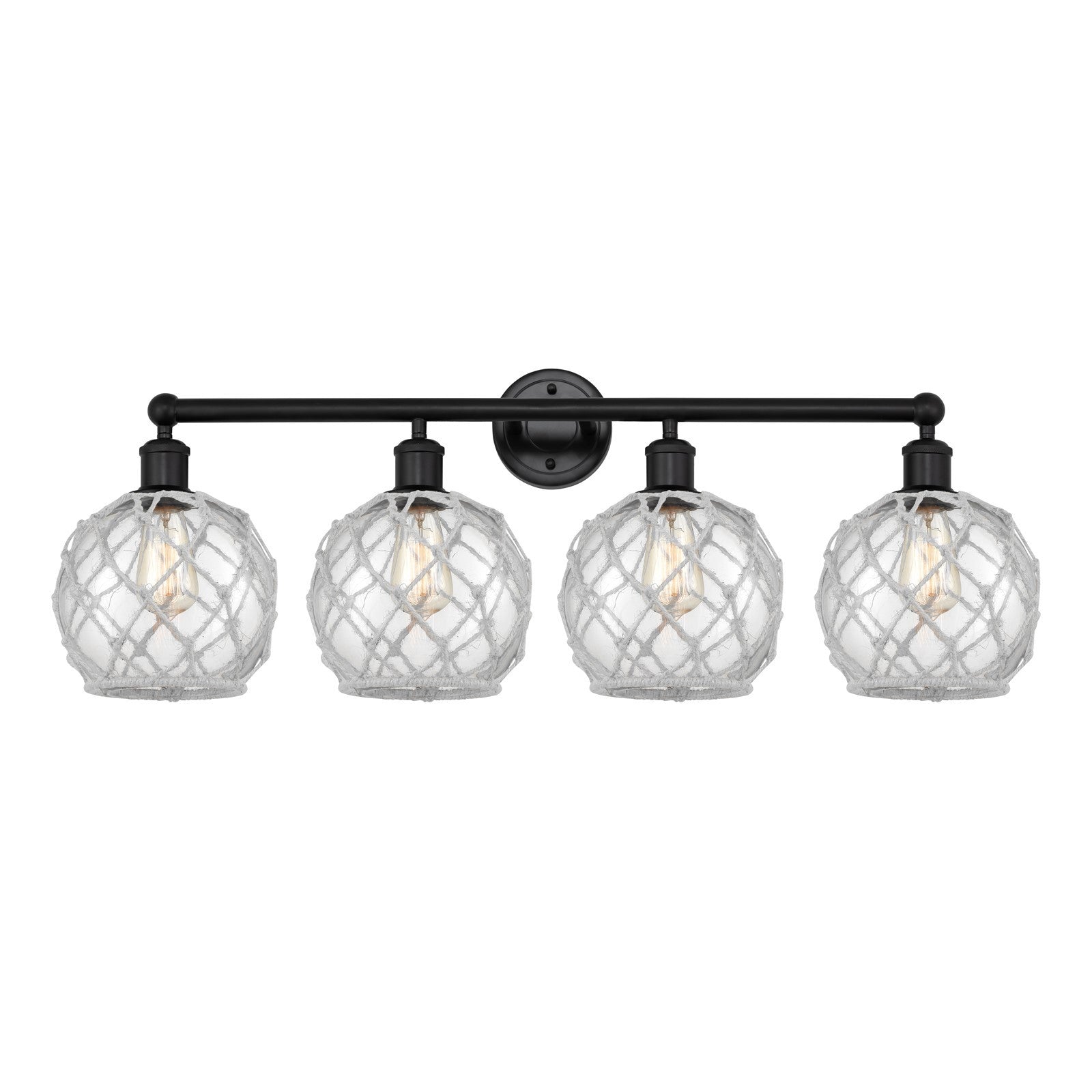 Innovations Farmhouse Rope 35in 4-Light Bath Vanity | Industrial Matte Black Steel and Clear Glass with White Rope | Bathroom | Model 616-4W-BK-G122-8RW