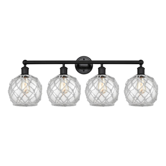 Innovations Farmhouse Rope 35in 4-Light Bath Vanity | Industrial Matte Black Steel and Clear Glass with White Rope | Bathroom | Model 616-4W-BK-G122-8RW