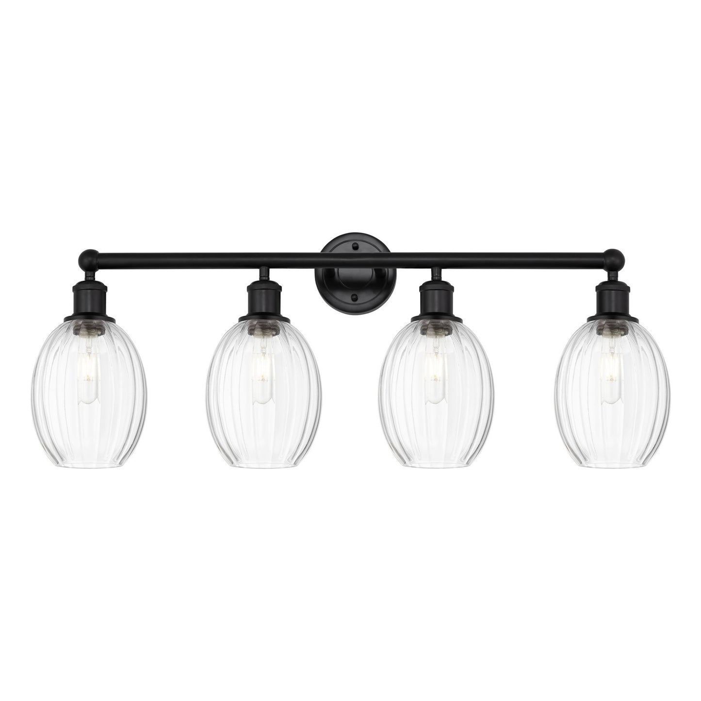 Innovations Preston Bulb 33in 4-Light Bath Vanity | Industrial Matte Black Steel and Clear Glass | Bathroom Vanity Light | Model 616-4W-BK-G459-6CL