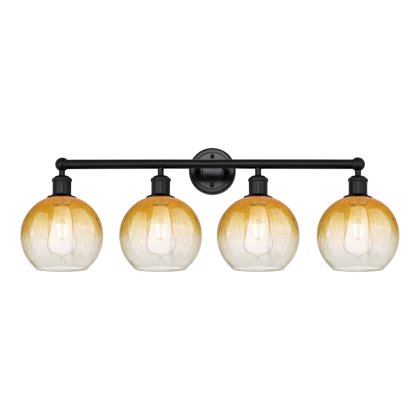Innovations Brookhaven Globe 35in 4-Light Bath Vanity | Industrial Matte Black Steel and Amber Glass | Bathroom Vanity & Powder | Model 616-4W-BK-G483-8AM