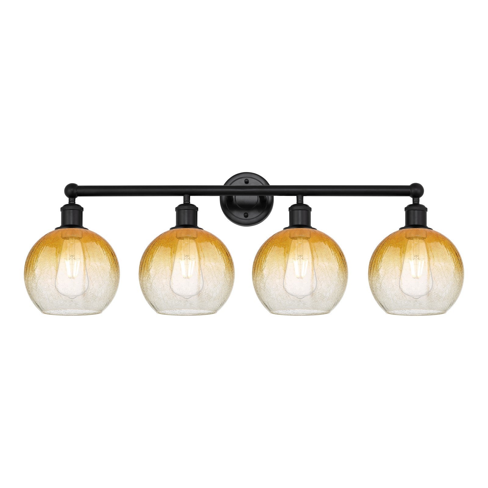 Innovations Brookhaven Globe 35in 4-Light Bath Vanity | Industrial Matte Black Steel and Amber Glass | Bathroom Vanity & Powder | Model 616-4W-BK-G483-8AM