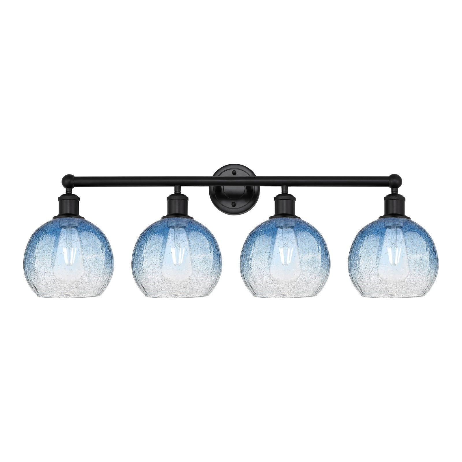 Innovations Brookhaven Globe 35in 4-Light Bath Vanity | Industrial Matte Black Steel and Sapphire Blue Glass | Bathroom Vanity | Model 616-4W-BK-G483-8SB