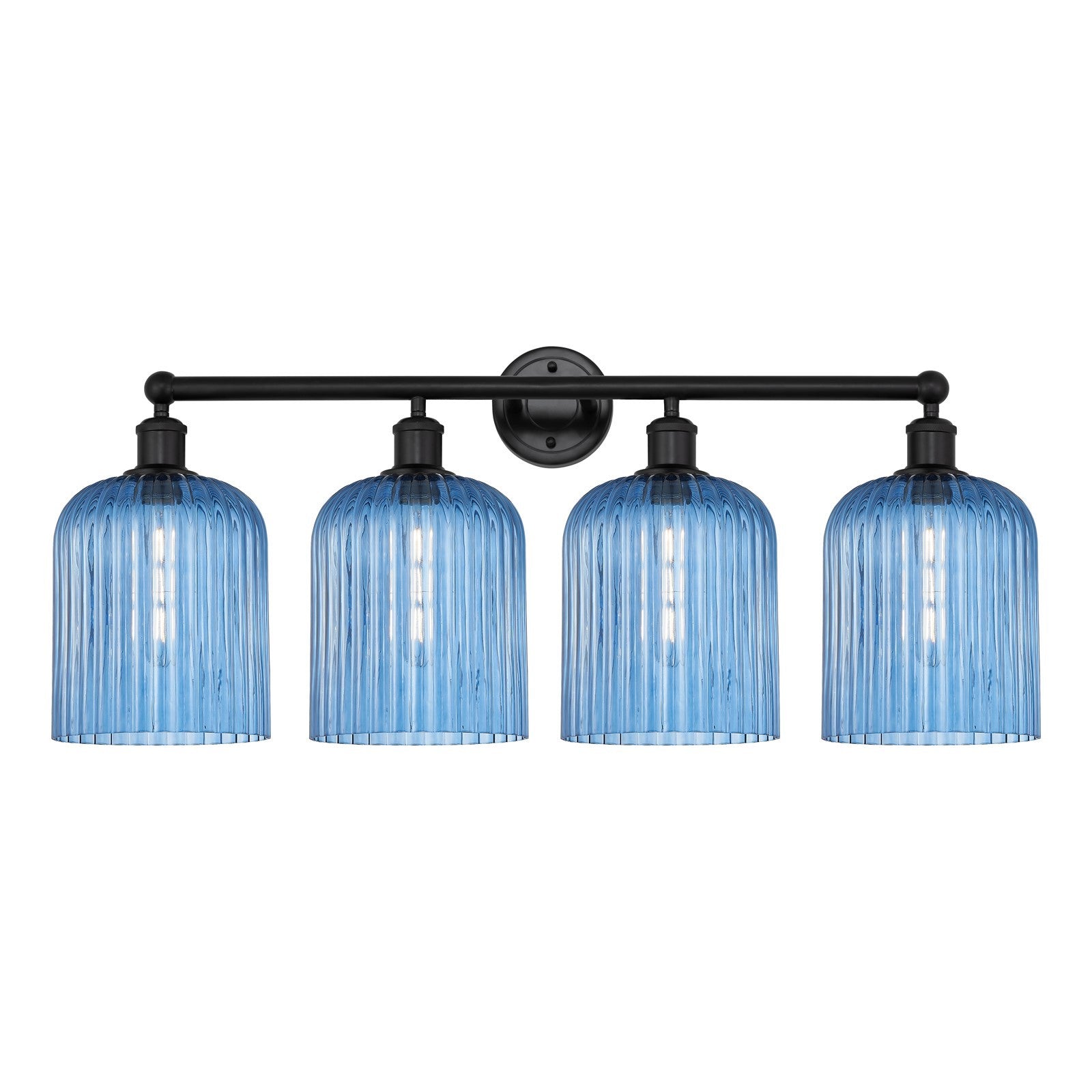 Innovations Bridal Veil 32in 4-Light Bath Vanity Light | Art Nouveau Matte Black Steel and Princess Blue Ribbed Glass | Model 616-4W-BK-G559-8BL
