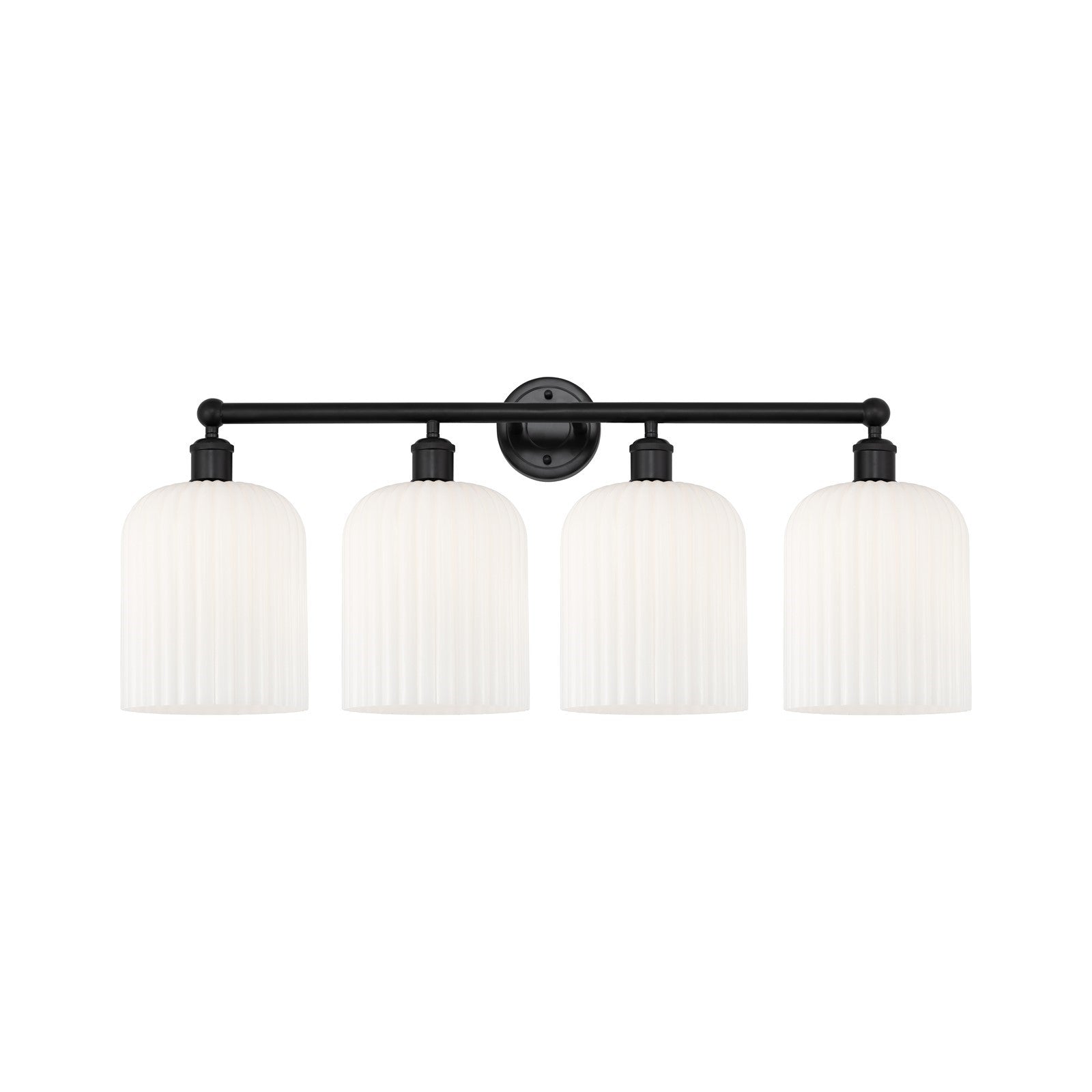 Innovations Bridal Veil 32in 4-Light Bath Vanity Light | Industrial Matte Black Steel and Gloss White Ribbed Glass | Bathroom | Model 616-4W-BK-G559-8GWH
