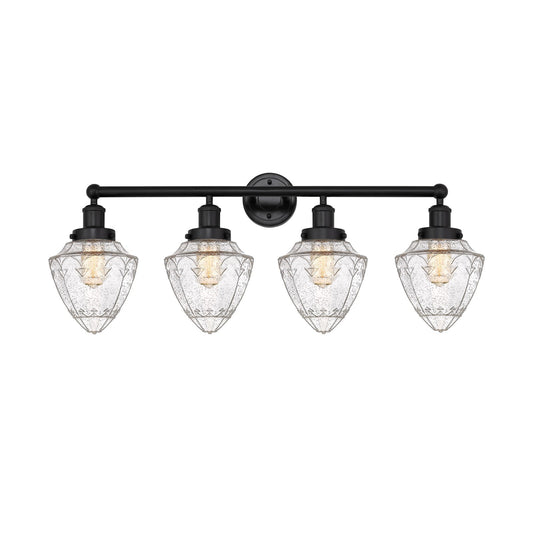 Innovations Bullet 34in 4-Light Bath Vanity Light | Industrial Matte Black Steel and Seedy Glass | Kitchen & Bathroom Vanity | 34 | Model 616-4W-BK-G664-7
