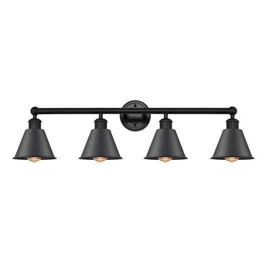 Innovations Smithfield 34in 4-Light Bath Vanity Light | Industrial Farmhouse Matte Black Steel and Cast Brass with Matte Black | Model 616-4W-BK-M8-BK