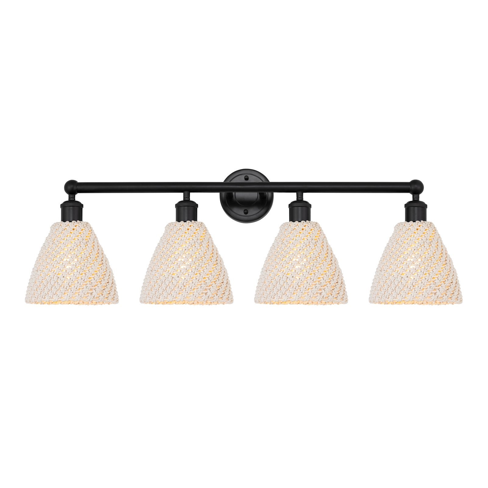 Innovations Bristol Natural 35in 4-Light Bath Vanity | Industrial Matte Black Steel and Natural Fiber Dome Shades | Bathroom | Model 616-4W-BK-NBD-75-NAT