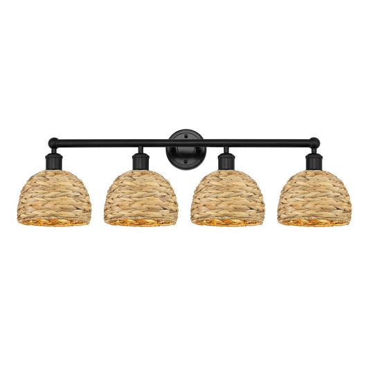 Innovations Woven Rattan 35in 4-Light Bath Vanity | Industrial Matte Black Steel and Natural Fiber Shade | Bathroom Vanity | Model 616-4W-BK-RBD-8-NAT