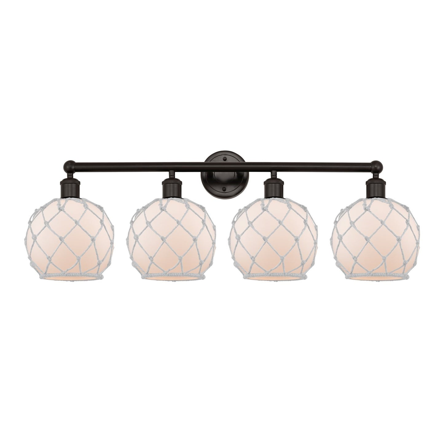 Innovations Farmhouse Rope 35in 4-Light Bath Vanity | Industrial Oil Rubbed Bronze Steel and White Frosted Glass with Rope | Model 616-4W-OB-G121-8RW