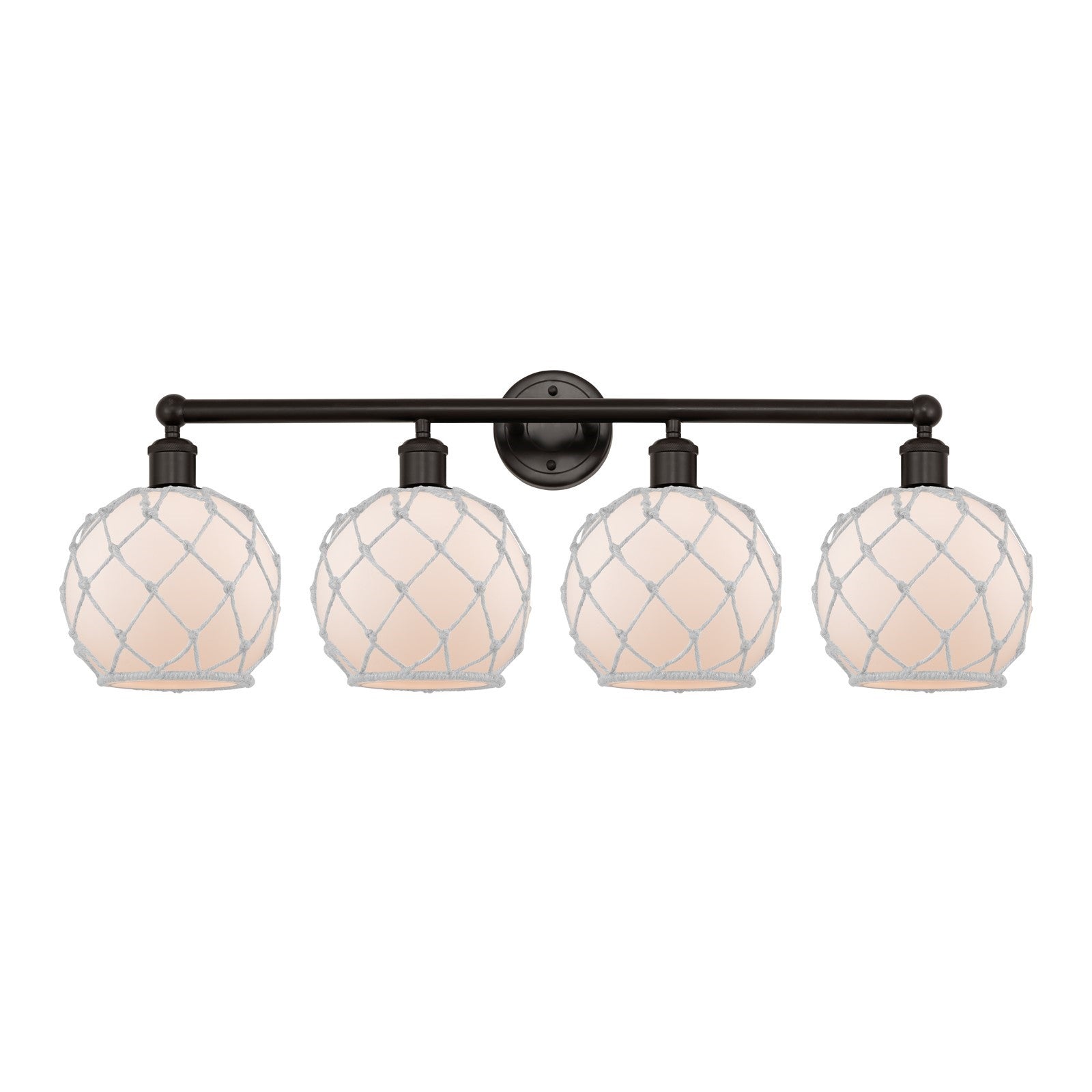 Innovations Farmhouse Rope 35in 4-Light Bath Vanity | Industrial Oil Rubbed Bronze Steel and White Frosted Glass with Rope | Model 616-4W-OB-G121-8RW