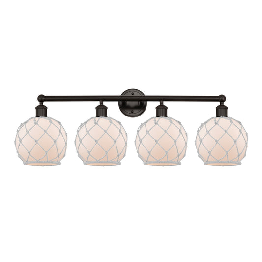 Innovations Farmhouse Rope 35in 4-Light Bath Vanity | Industrial Oil Rubbed Bronze Steel and White Frosted Glass with Rope | Model 616-4W-OB-G121-8RW