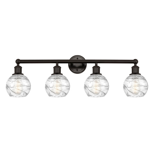 Innovations Athens Deco Swirl 33in 4-Light Bath Vanity Light | Industrial Oil Rubbed Bronze Steel and Clear Glass | Damp Rated | Model 616-4W-OB-G1213-6CL