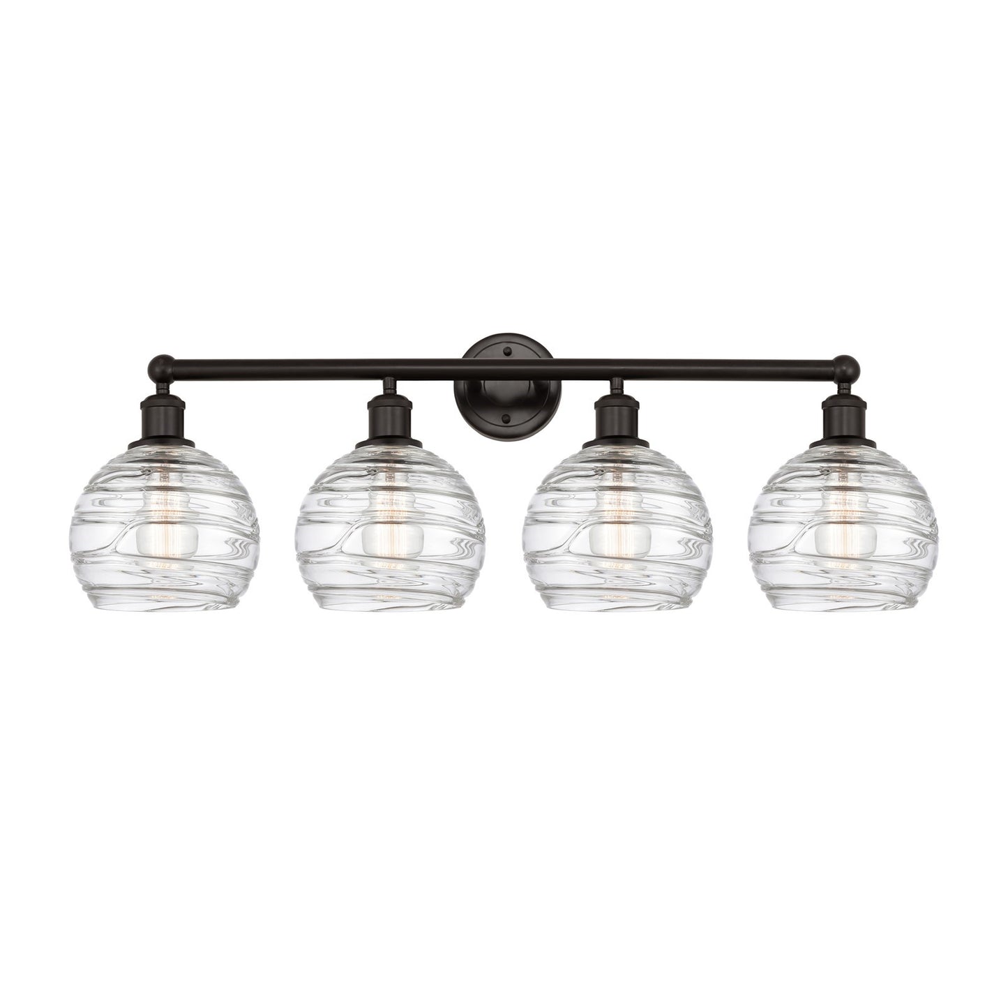 Innovations Athens Deco Swirl 35in 4-Light Bath Vanity Light | Industrial Oil Rubbed Bronze Steel and Clear Deco Swirl Glass | Model 616-4W-OB-G1213-8CL