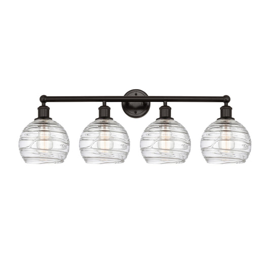 Innovations Athens Deco Swirl 35in 4-Light Bath Vanity Light | Industrial Oil Rubbed Bronze Steel and Clear Deco Swirl Glass | Model 616-4W-OB-G1213-8CL