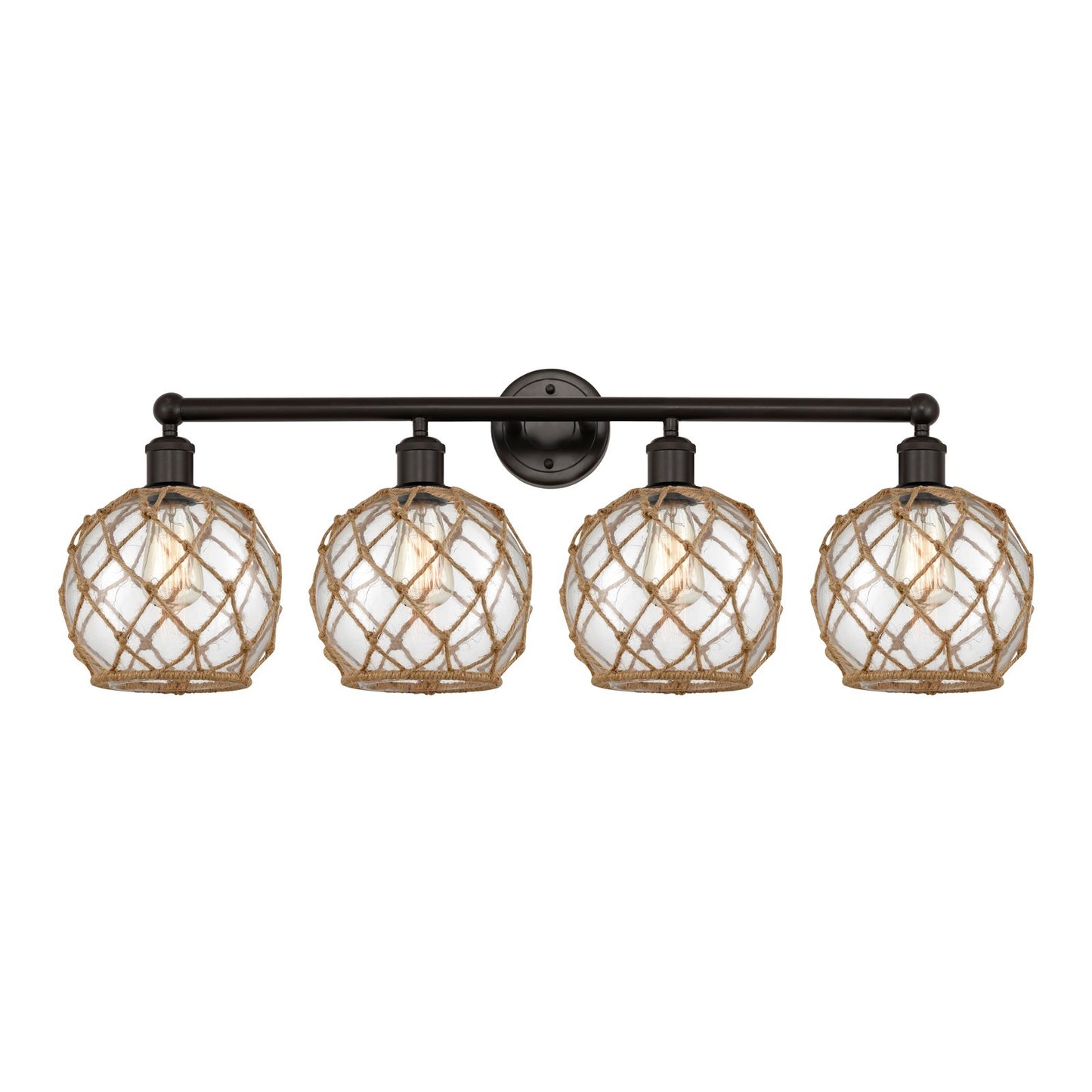 Innovations Farmhouse Rope 35in 4-Light Bath Vanity | Industrial Oil Rubbed Bronze Steel and Clear Glass with Brown Rope | Model 616-4W-OB-G122-8RB