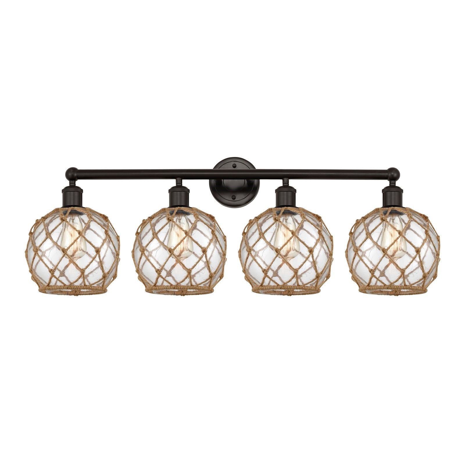 Innovations Farmhouse Rope 35in 4-Light Bath Vanity | Industrial Oil Rubbed Bronze Steel and Clear Glass with Brown Rope | Model 616-4W-OB-G122-8RB
