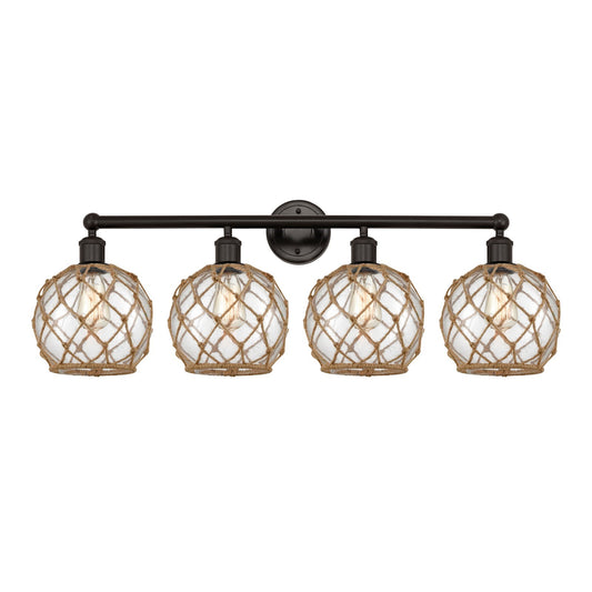 Innovations Farmhouse Rope 35in 4-Light Bath Vanity | Industrial Oil Rubbed Bronze Steel and Clear Glass with Brown Rope | Model 616-4W-OB-G122-8RB