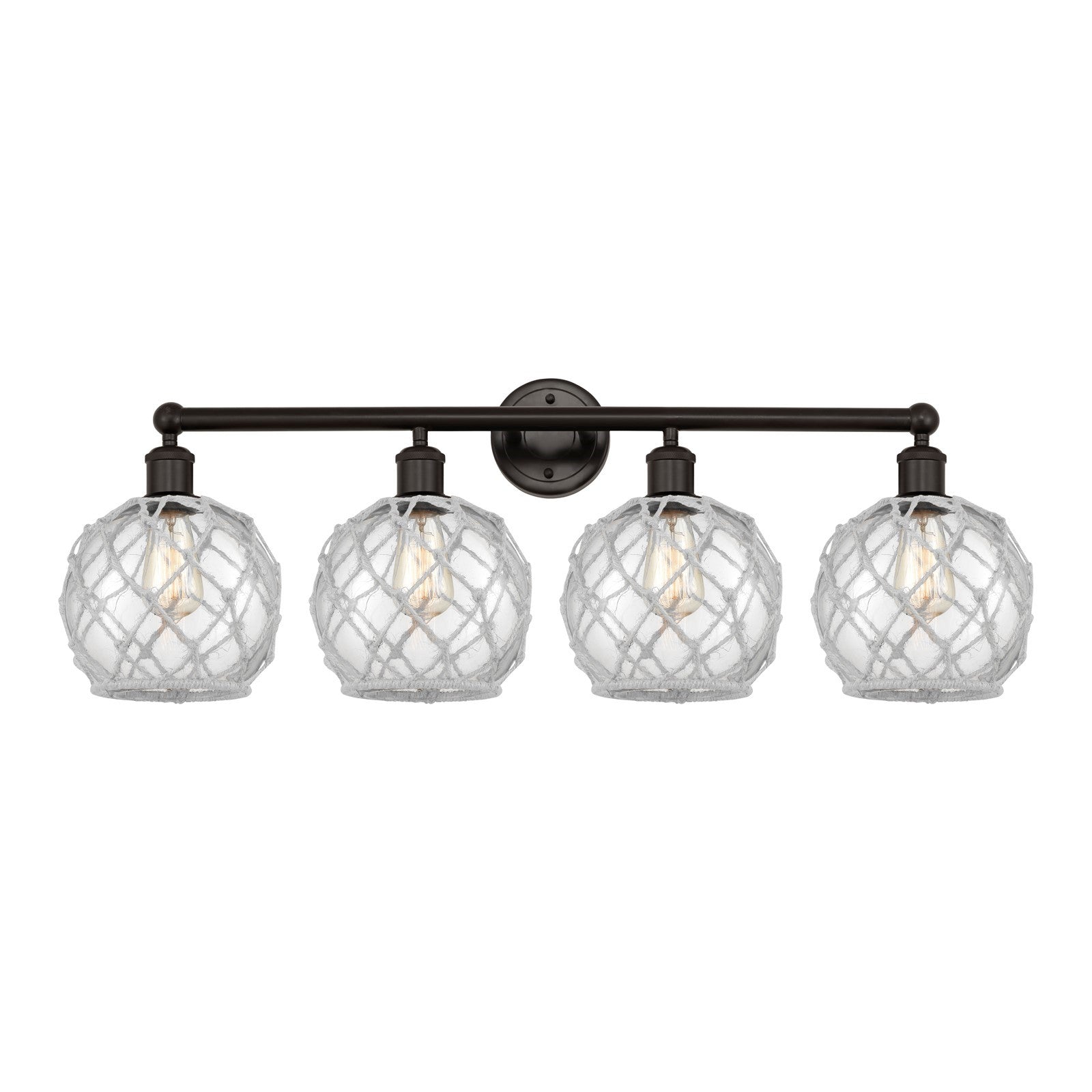Innovations Farmhouse Rope 35in 4-Light Bath Vanity | Industrial Oil Rubbed Bronze Steel and Clear Glass with White Rope | Model 616-4W-OB-G122-8RW