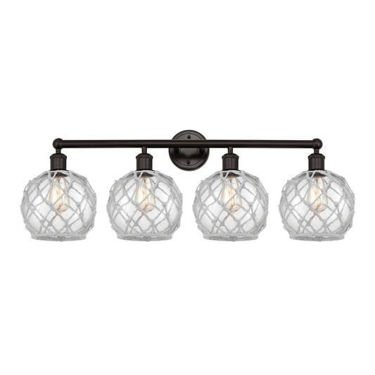 Innovations Farmhouse Rope 35in 4-Light Bath Vanity | Industrial Oil Rubbed Bronze Steel and Clear Glass with White Rope | Model 616-4W-OB-G122-8RW
