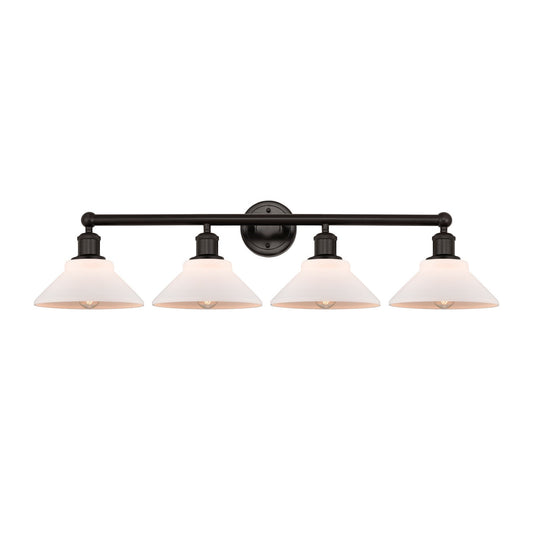 Innovations Orwell 35in 4-Light Bath Vanity Light | Industrial Oil Rubbed Bronze Steel and Matte White Glass | Bathroom Vanity | Model 616-4W-OB-G131