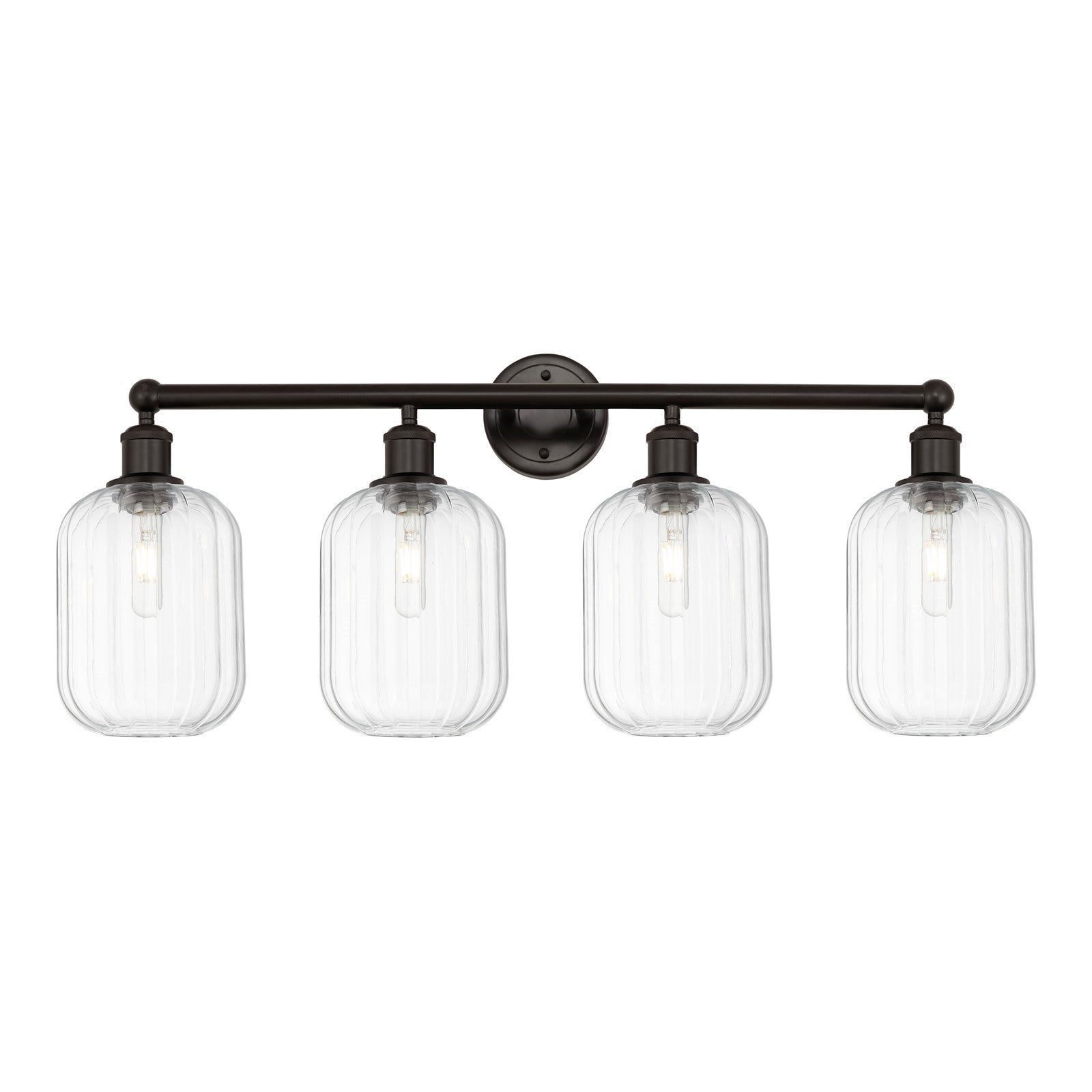 Innovations Preston Cylinder 34in 4-Light Bath Vanity Light | Industrial Oil Rubbed Bronze Steel and Clear Glass | Damp Rated | Model 616-4W-OB-G460-7CL