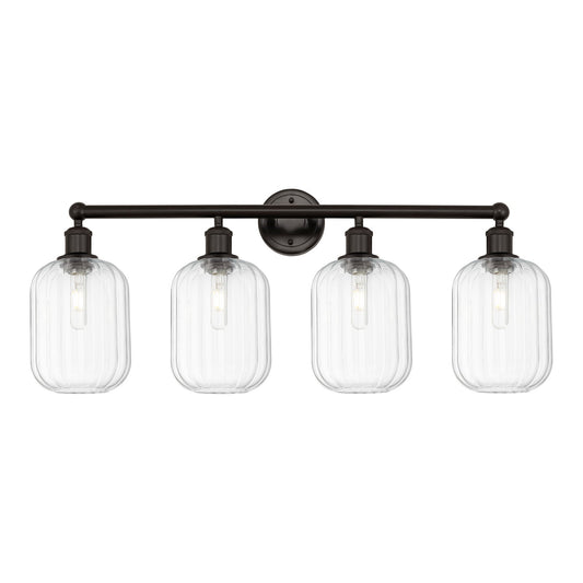 Innovations Preston Cylinder 34in 4-Light Bath Vanity Light | Industrial Oil Rubbed Bronze Steel and Clear Glass | Damp Rated | Model 616-4W-OB-G460-7CL