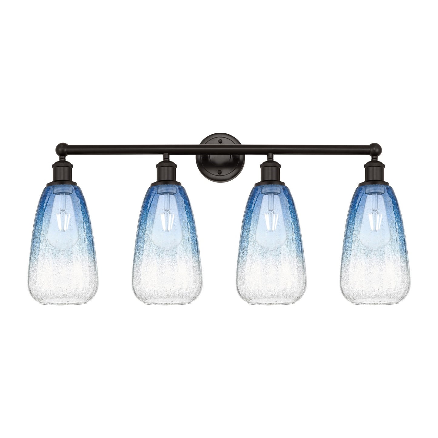 Innovations Brookhaven Almond 33in 4-Light Bath Vanity Light | Industrial Oil Rubbed Bronze and Sapphire Blue Glass | Bathroom | Model 616-4W-OB-G480-6SB