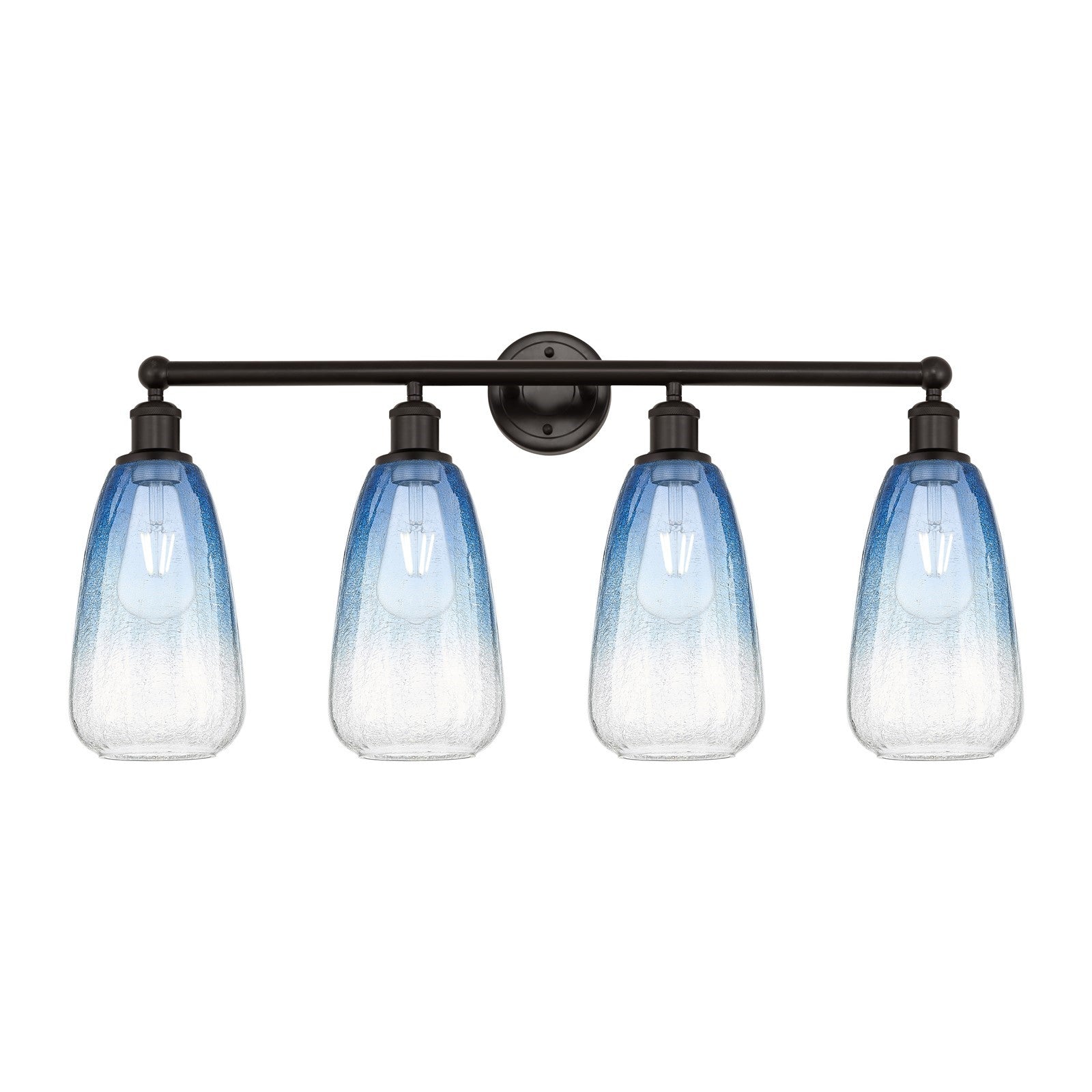 Innovations Brookhaven Almond 33in 4-Light Bath Vanity Light | Industrial Oil Rubbed Bronze and Sapphire Blue Glass | Bathroom | Model 616-4W-OB-G480-6SB