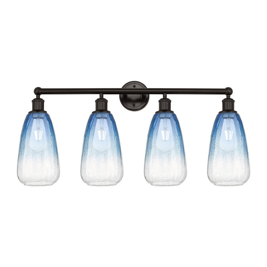Innovations Brookhaven Almond 33in 4-Light Bath Vanity Light | Industrial Oil Rubbed Bronze and Sapphire Blue Glass | Bathroom | Model 616-4W-OB-G480-6SB
