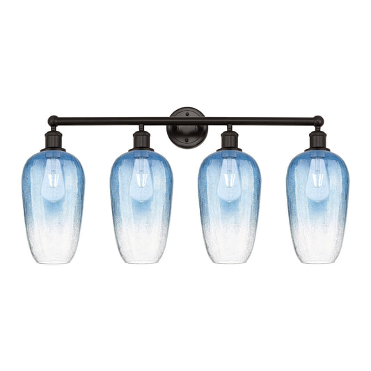 Innovations Brookhaven Flute 34in 4-Light Bath Vanity | Industrial Oil Rubbed Bronze Steel and Sapphire Blue Glass | Bathroom | Model 616-4W-OB-G484-7SB