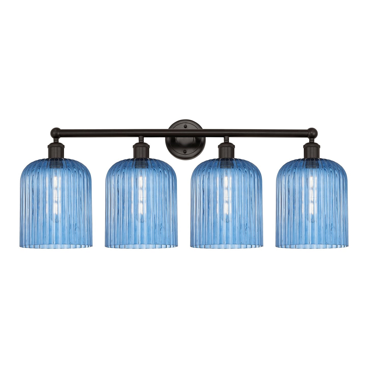 Innovations Bridal Veil 32in 4-Light Bath Vanity Light | Art Nouveau Oil Rubbed Bronze Steel and Princess Blue Ribbed Glass | Model 616-4W-OB-G559-8BL