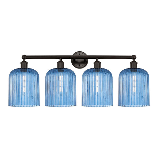 Innovations Bridal Veil 32in 4-Light Bath Vanity Light | Art Nouveau Oil Rubbed Bronze Steel and Princess Blue Ribbed Glass | Model 616-4W-OB-G559-8BL