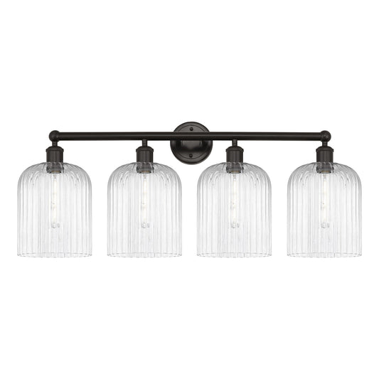 Innovations Bridal Veil 32in 4-Light Bath Vanity Light | Industrial Oil Rubbed Bronze Steel and Clear Ribbed Glass | Bathroom | Model 616-4W-OB-G559-8CL